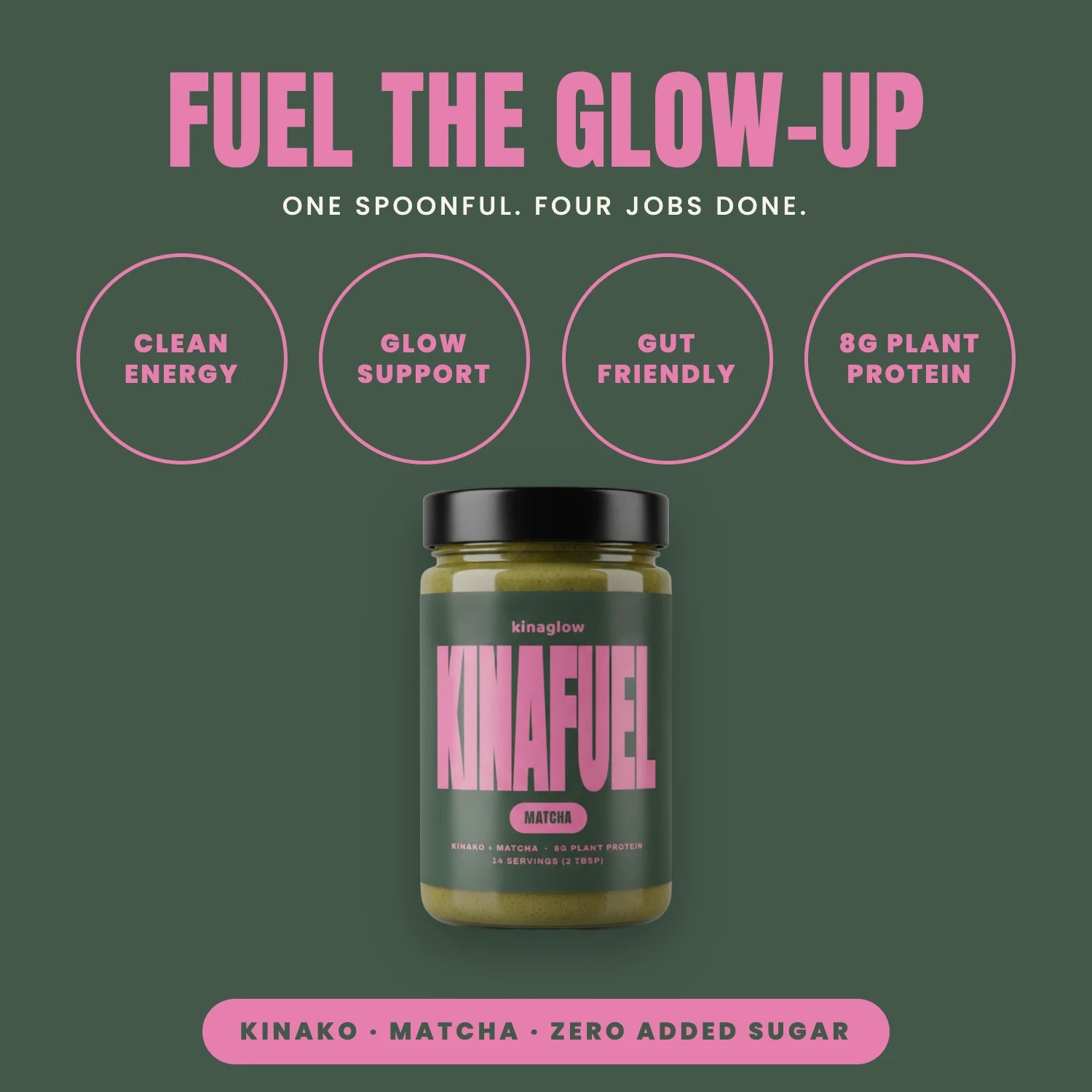 Fuel the glow-up. One spoonful, four jobs done: clean energy, glow support, gut friendly, 8g plant protein.