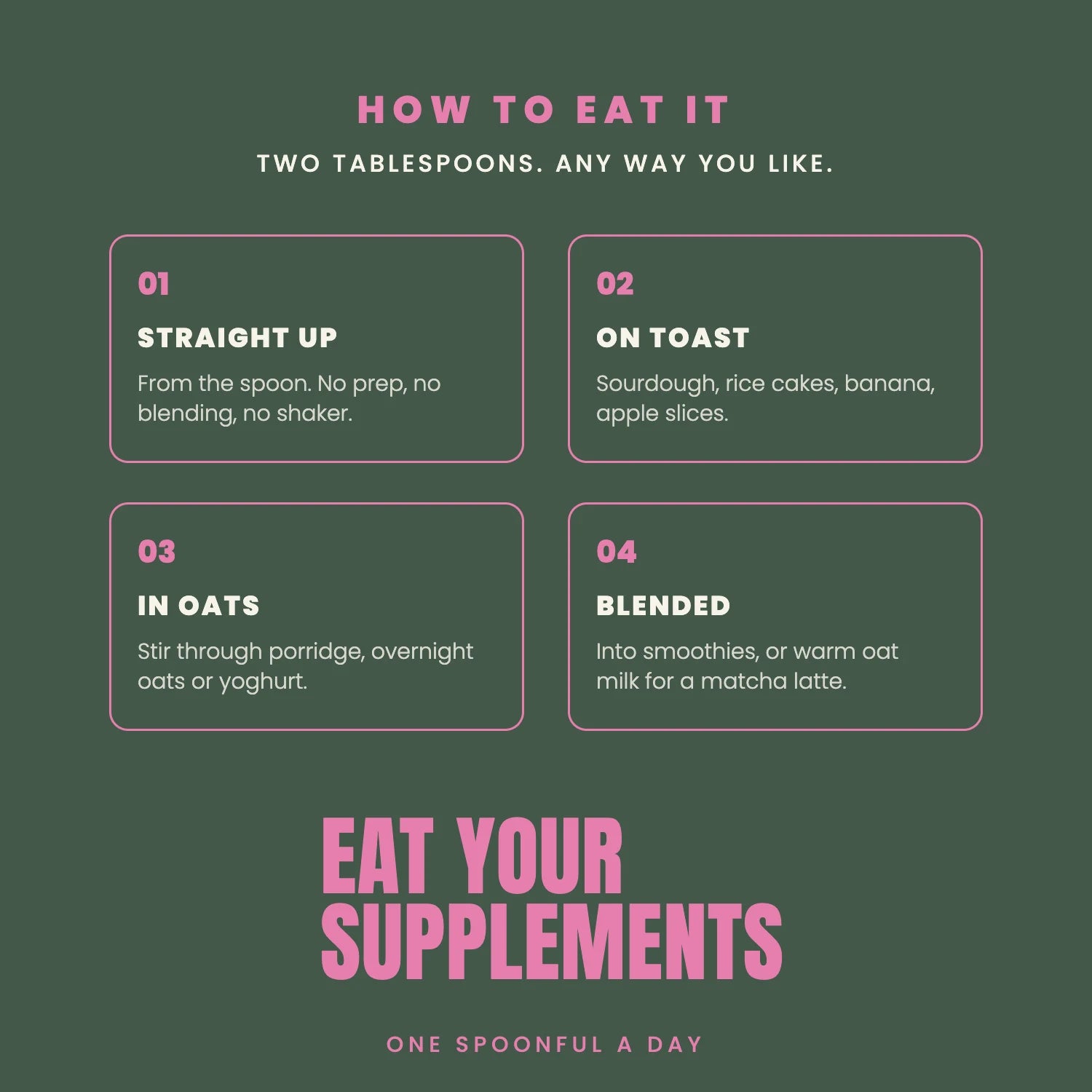 How to eat KinaFuel: straight up, on toast, in oats, or blended.