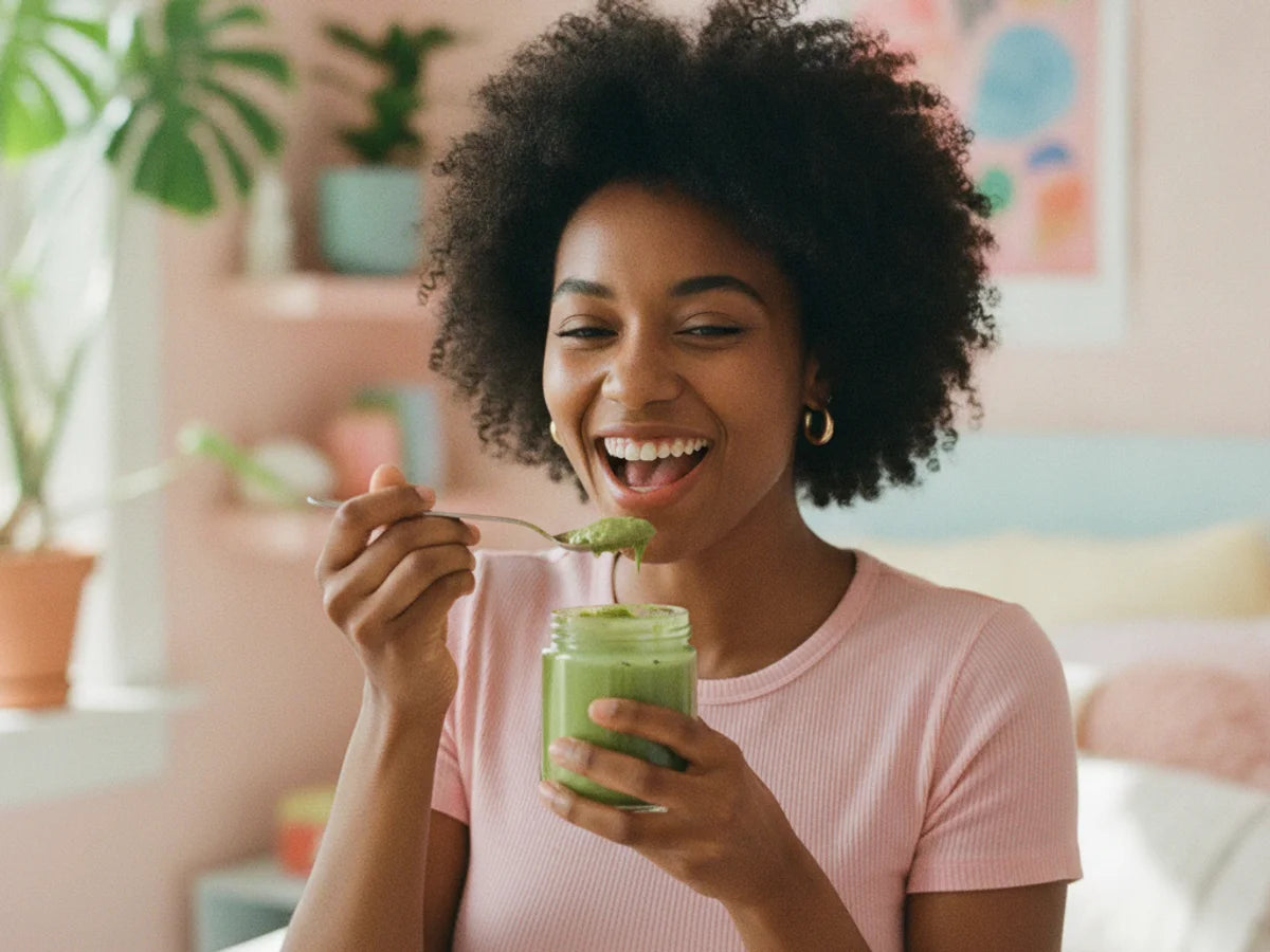 A woman eating matcha-green KinaFuel from a spoon